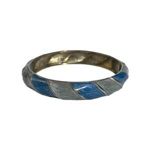 Elegant 2 Color Silver Blue Enamel Hinged Bracelet w/ Gold Trim Fashion Jewelry